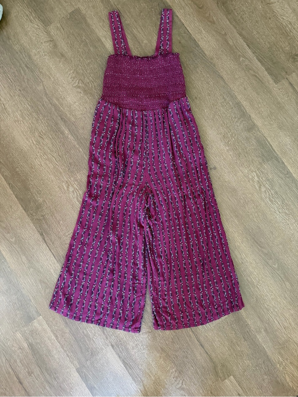LOFT Magenta Striped Smocked Wide-Leg Jumpsuit